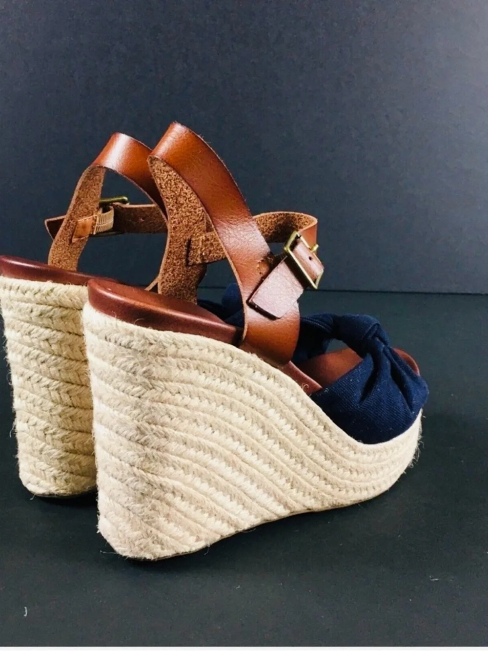 MIA Navy Lorryan Knot Espadrille Wedge Sandals with Tan Ankle Strap - Picture 5 of 10